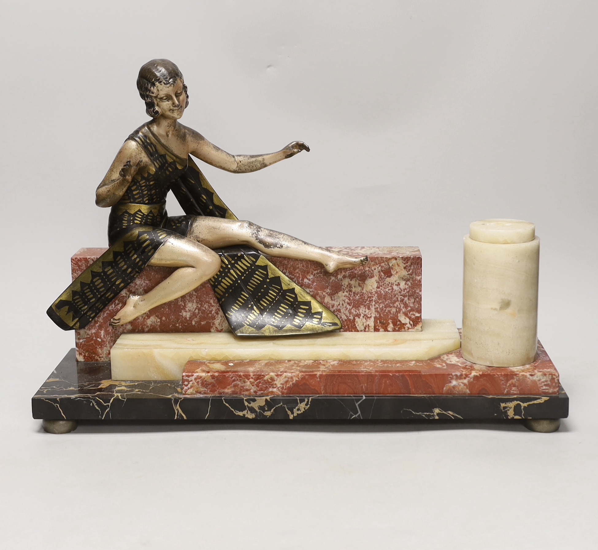 An Art Deco style spelter and marble figural lamp, 45cm wide